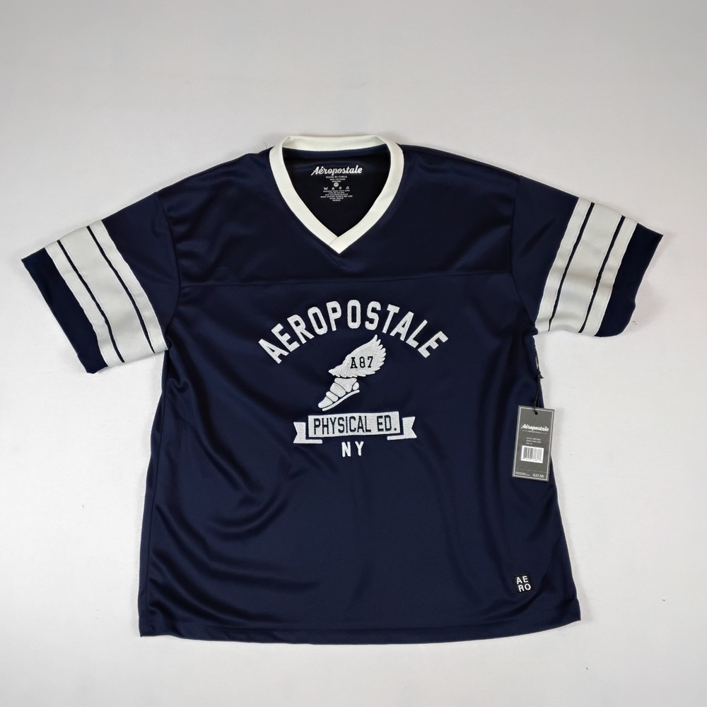 Aeropostale Physical Ed NY Varsity Jersey Tee Mens M Navy V-Neck A87 NWT